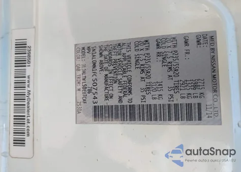 2015 Infiniti Qx60 z USA, uszkodzony, nr VIN 5N1AL0MN1FC507543